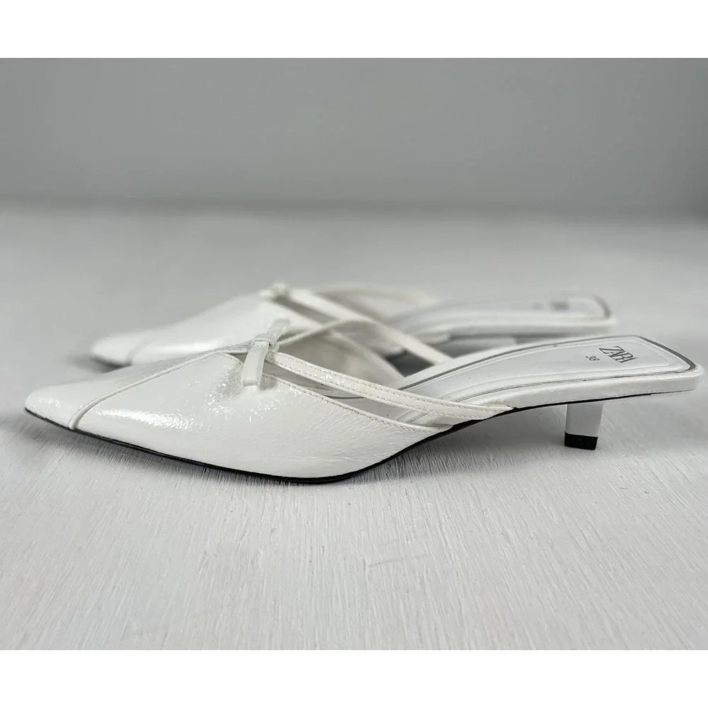 Zara White Bow Kitten Tiny Heal Slip On Point Toe Snake Skin Style Women 38 7.5 - Picture 4 of 14